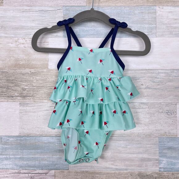 Cat & Jack Umbrella Print Ruffle One Piece Swimsuit Blue Green Baby Girl 3-6M - Picture 1 of 3